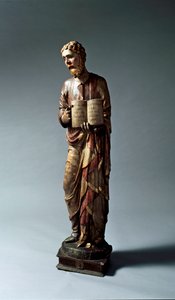 Darstellung eines unbekannten Heiligen. Polychrome Holzskulptur von Lorenzo di Pietro Vecchietta