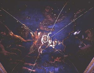 Die Göttin Diana in ihrem Wagen umgeben von Darstellungen der Tierkreiszeichen aus der Sala dello Zodiaco von Lorenzo the Younger Costa