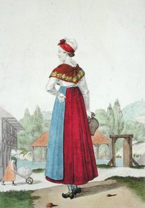 Traditionelle Tracht von Lisieux, graviert von Gatine um 1820 (Farbstich)