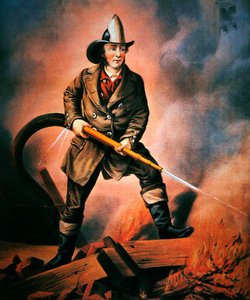 Der amerikanische Feuerwehrmann: Dem Feind gegenüber, veröffentlicht von Currier & Ives von Louis (after) Maurer
