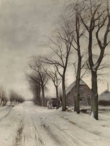 Winterlandschaft mit Bauernhof an einer Allee von Louis Apol