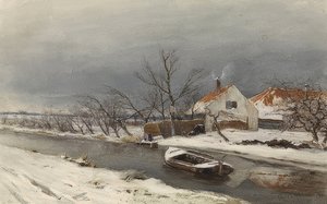 Winterlandschaft mit Häusern und einem Kanal (Winterlandschap met huizen aan een vaart), 1874 von Louis Apol