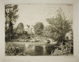 Die alte Fußgängerbrücke, Ufer des Petit Morin von Louis Auguste Lepère