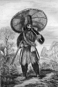 Ich trug einen Hut von einer Höhe... Gravur nach der Zeichnung von M. de Sainson für das Buch von Daniel Defoe „Robinson Crusoe“ französische Ausgabe von 1837. von Louis Auguste de Sainson
