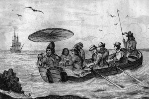 So verließ ich meine Insel, Gravur nach einer Zeichnung von M. de Sainson für das Buch von Daniel Defoe „Robinson Crusoe“, französische Ausgabe von 1837. von Louis Auguste de Sainson