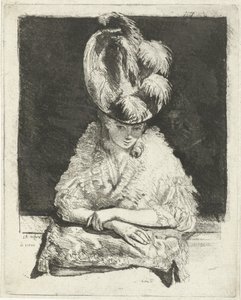 Porträt einer jungen Frau mit Hut, die aus dem Fenster schaut von Louis Bernard Coclers