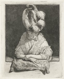 Porträt einer jungen Frau mit Hut, die aus dem Fenster schaut von Louis Bernard Coclers
