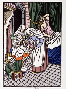 Frau bei der Geburt - in „Die Lieben von Frene und Galeran erzählt nach Jean Renard, Ende des 12. Jahrhunderts, adaptiert von André Mary“, illustriert mit Holzschnitten von Louis Bouquet, ed. Jonquières, Paris von Louis Bouquet