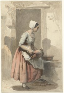 Mädchen mit einem Krug am Eingang eines Hauses