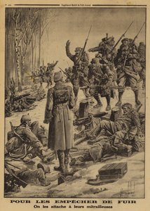 Französische Soldaten erobern eine deutsche Stellung, die von feindlichen Soldaten besetzt ist, die von ihren Offizieren an ihre Maschinengewehre gefesselt wurden, um sie am Rückzug zu hindern, Erster Weltkrieg