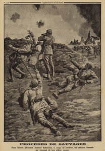 Zwei verwundete deutsche Soldaten schießen französische Offiziere, die ihnen Schutz boten, in den Rücken, Erster Weltkrieg von Louis Charles (after) Bombled