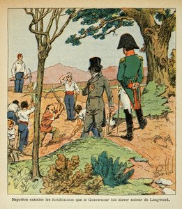 Illustration aus dem Buch „The Memorial of Saint Helene“ von Graf Emmanuel de Las Cases: Napoleon untersucht die Befestigungen, die Gouverneur Hudson Lowe um Longwood errichtete