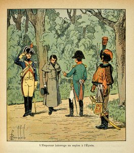 Illustration von Louis Bombled (1862-1927) aus dem Buch „Das Memorial von St. Helena“ von Graf Emmanuel de Las Cases (1766-1842): Kaiser Napoleon verhört einen Spion im Elysee von Louis Charles Bombled