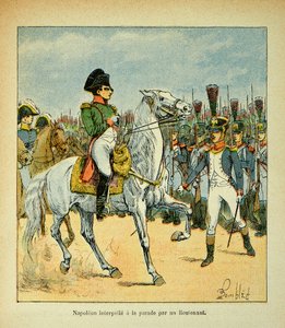 Illustration von Bombled Louis (1862-1927) aus dem Buch „Das Memorial von St. Helena“ von Graf Emmanuel de Las Cases (1766-1842): Napoleon ruft eine Parade durch einen Leutnant, Private Sammlung