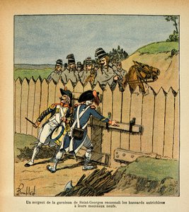 Während des Italienfeldzugs erkennt ein Sergeant der Garnison von St. George die österreichischen Husaren mit ihren neuen Mänteln, aus dem Buch „The Memorial of Saint Helene“ von Graf Emmanuel de Las Cases von Louis Charles Bombled
