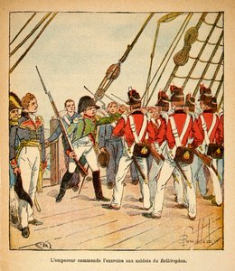 Kaiser Napoleon befiehlt die Übung der englischen Soldaten an Bord der Bellerophon, aus dem Buch „The Memorial of Saint Helene“ von Graf Emmanuel de Las Cases