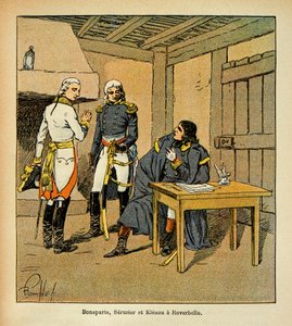 Illustration von Louis Bombled (1862-1927) aus dem Buch „Das Memorial von Saint Helena“ von Graf Emmanuel de Las Cases (1766-1842): Bonaparte, Jean Mathieu Philibert Serrurier (1742-1819) und Johann von Klenau (1758-1819) in Roverbello während des Italienf von Louis Charles Bombled