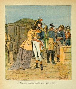 Illustration von Louis Bombled (1862-1927) aus dem Buch „Das Memorial von Saint Helena“ von Graf Emmanuel de Las Cases (1766-1842): Bonaparte tröstet Josephine nach dem Angriff auf sein Auto während des Italienfeldzugs, Privatbesitz
