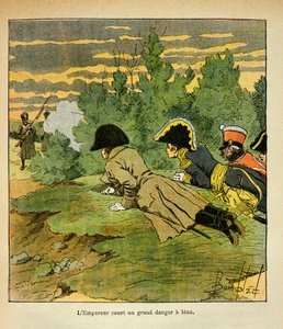 Illustration von Louis Bombled (1862-1927) aus dem Buch „Das Memorial von Saint Helena“ von Graf Emmanuel de Las Cases (1766-1842): Am Vorabend der Schlacht von Jena wirft sich Kaiser Napoleon nach der Erkennung der feindlichen Linien flach hin, als ein fr von Louis Charles Bombled