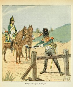 Illustration aus dem Buch „The Memorial of Saint Helene“ von Graf Emmanuel de Las Cases: Französische Armee: Dragoner und Dragoner-Pionier
