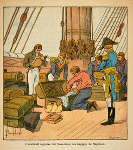 Illustration von Louis Bombled aus dem Buch „Das Memorial von Saint Helene“ von Graf Emmanuel de Las Cases: Die englische Admiralität macht ein Inventar des Gepäcks von Kaiser Napoleon vor seiner Abreise nach St. Helene 1815