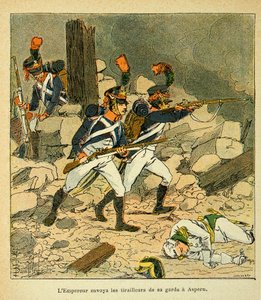 Illustration von Louis Bombled aus dem Buch „Das Memorial von Saint Helene“ von Graf Emmanuel de Las Cases: Kaiser Napoleon schickt seine Garde nach Aspern während der Schlacht von Essling