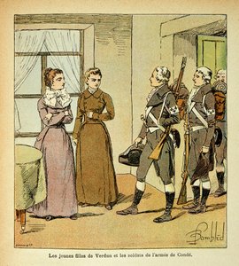 Illustration von Louis Bombled aus dem Buch „Das Memorial von Saint Helene“ von Graf Emmanuel de Las Cases: Die jungen Töchter von Verdun und die Soldaten der Armee von Conde von Louis Charles Bombled