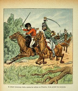 Illustration von Louis Bombled aus dem Buch „Das Memorial von Saint Helene“ von Graf Emmanuel de Las Cases: Kampf zwischen französischen und englischen Reitern
