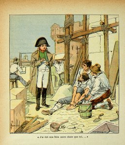Illustration von Louis Bombled aus dem Buch „Das Memorial von Saint Helene“ von Graf Emmanuel de Las Cases: Auf der Insel Elba, ein Maurer, der in den vom Kaiser befohlenen Gebäuden beschäftigt war, wurde getröstet von Napoleon
