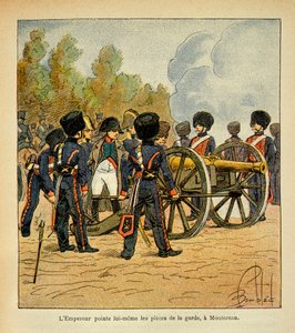 Illustration von Louis Bombled aus dem Buch „Das Memorial von Saint Helene“ von Graf Emmanuel de Las Cases: Kaiser Napoleon richtet selbst die Kanonen der Garde in der Schlacht von Montereau von Louis Charles Bombled