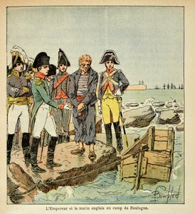 Illustration von Louis Bombled aus dem Buch „Das Memorial von Saint Helene“ von Graf Emmanuel de Las Cases: Ein englischer Matrose, der versucht, sein Land zu erreichen, wird vom Kaiser im Lager von Boulogne befreit