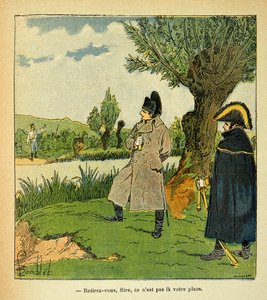 Illustration von Louis Bombled aus dem Buch „Das Memorial von St. Helene“ von Graf Emmanuel de Las Cases: Auf der Insel Laubo während der Schlacht von Esling, Napoleon riskiert, ein österreichischer Offizier ruft den Kaiser auf von Louis Charles Bombled