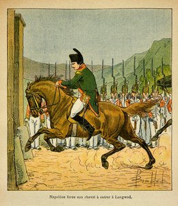Illustration aus dem Buch „The Memorial of St. Helene“ von Graf Emmanuel de Las Cases: Kaiser Napoleon zwingt sein Pferd, Longwood auf St. Helene zu betreten