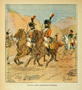 Illustration von Louis Bombled (1862-1927) aus dem Buch „Das Memorial von St. Helena“ von Graf Emmanuel de Las Cases (1766-1842): Kaiser Napoleon verlässt dringend Spanien von Louis Charles Bombled