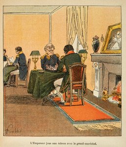Illustration von Louis Bombled (1862-1927) aus dem Buch „Das Memorial von Saint Helene“ von Graf Emmanuel de Las Cases (1766-1842): Napoleon und Großmarschall Henri Gatien Bertrand (1773-1844) spielen Schach im August 1816 auf St. Helena, Privatsammlung