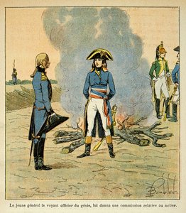 Illustration von Louis Bombled (1862-1927) aus dem Buch „Das Memorial von St. Helena“ von Graf Emmanuel de Las Cases (1766-1842): Erstes Treffen zwischen Bonaparte und Marschall Henri Gatien Bertrand (1773-1844), damals Offizier des Genie in der Armee von 