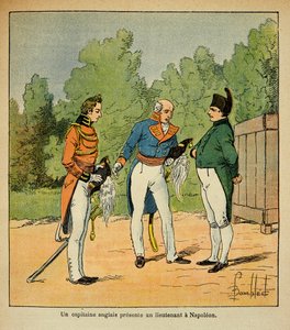 Illustration von Louis Bombled (1862-1927) aus dem Buch „Das Memorial von Saint Helena“ von Graf Emmanuel de Las Cases (1766-1842): Auf St. Helena stellt ein englischer Kapitän Kaiser Napoleon einen Leutnant vor, Privatbesitz