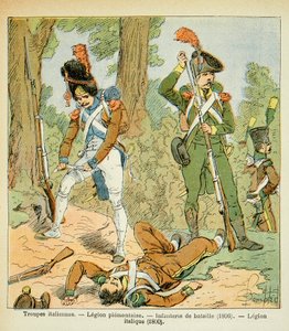 Illustration von Louis Bombled aus dem Buch „Das Memorial von Saint Helene“ von Graf Emmanuel de Las Cases: Italienische Truppen, Piemontesische Legion: Schlachtinfanterie (1806), Italische Legion (1800)