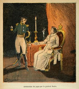 Illustration aus dem Buch „The Memorial of Saint Helene“ von Graf Emmanuel de Las Cases: Verhaftung von Papst Pius VII durch General Stephen Radet im Jahr 1809