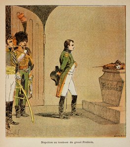 Illustration von Louis Bombled (1862-1927) aus dem Buch „Das Memorial von St. Helena“ von Graf Emmanuel de Las Cases (1766-1842): Napoleon meditiert über den Sarg von Friedrich II. von Preußen in der Krypta der Garnisonkirche in Potsdam im Jahr 1806, Priva