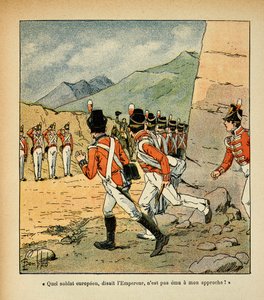 Illustration von Louis Bombled (1862-1927) aus dem Buch „Das Memorial von St. Helena“ von Graf Emmanuel de Las Cases (1766-1842): Kaiser Napoleon wird von der Garnison von St. Helena begrüßt, Privatbesitz von Louis Charles Bombled