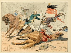 Illustration aus dem Buch „Les heros du Siecle“, anekdotische Erzählungen von Dick de Lonlay und illustriert von Louis Bombled von Louis Charles Bombled