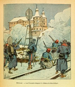 Die Armee des Ostens von Eugene Sergeant, dit Grenest, illustriert von Louis Bombled (Deutsch-Französischer Krieg; Feldzug von 1870-1871): In Hericourt griffen die Franzosen das Schloss Montbeliard im Januar 1871 an