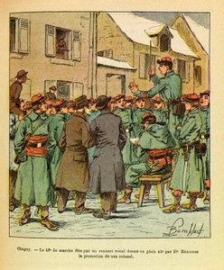 Die Armee des Ostens von Eugene Sergeant, illustriert von Louis Bombled: In Chagny, der 42. Marsch gefeiert durch ein Konzert im Freien zur Beförderung seines Obersts von Louis Charles Bombled