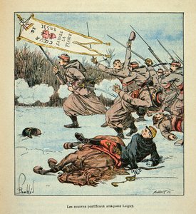 Die Armee der Loire von Eugene Sergent, illustriert von Louis Bombled (Deutsch-Französischer Krieg; Feldzug von 1870-1871): Die Päpstlichen Zuaven in der Schlacht von Loigny am 2. Dezember 1870, Privatsammlung von Louis Charles Bombled