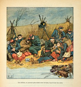 Die Armee der Loire von Eugene Sergent, genannt Grenest, illustriert von Louis Bombled (1862-1927) (Französisch-Deutscher Krieg; Feldzug von 1870-1871): Französische Soldaten während des Rückzugs im Winter 1870, Privatsammlung