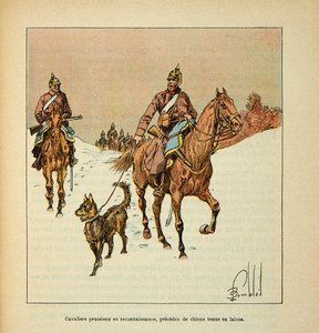 Die Armee der Loire von Eugene Sergent, illustriert von Louis Bombled (Deutsch-Französischer Krieg; Feldzug von 1870-1871): Preußische Reiter auf Erkundung, begleitet von Hunden an der Leine, Privatsammlung von Louis Charles Bombled