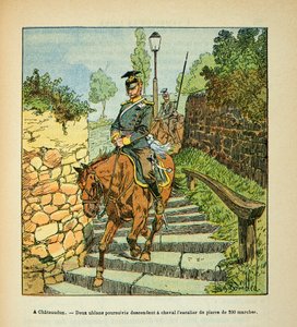 Die Armee der Loire von Eugene Sergent, illustriert von Louis Bombled (Deutsch-Französischer Krieg; Feldzug von 1870-1871): In Chateaudun verfolgen zwei Ulanen zu Pferd die 200-stufige Steintreppe hinunter, Teilsammlung