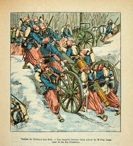 Die Armee der Loire von Eugene Sergent, illustriert von Louis Bombled (Deutsch-Französischer Krieg; Feldzug von 1870-1871): Schlacht von Chilleurs aux Bois im Dezember 1870, die Zuaven entfernten unter Beschuss der Preußen zwei 12-Pfünder aus einer Grube
