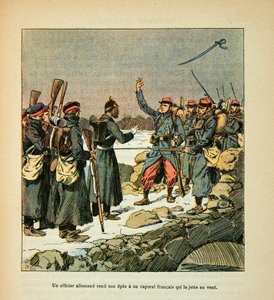 Die Armee der Loire von Eugene Sergent, genannt Grenest, illustriert von Louis Bombled (Französisch-Deutscher Krieg; Feldzug von 1870-1871): Ein deutscher Offizier übergibt sein Schwert einem französischen Korporal, der es in den Wind wirft